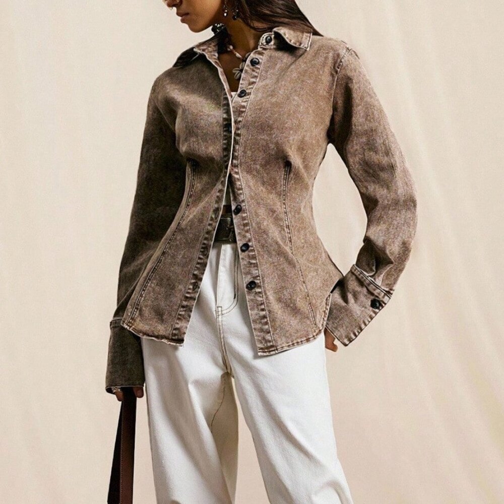 Brown Casual Western Women's Acid Wash Distressed Denim Jacket